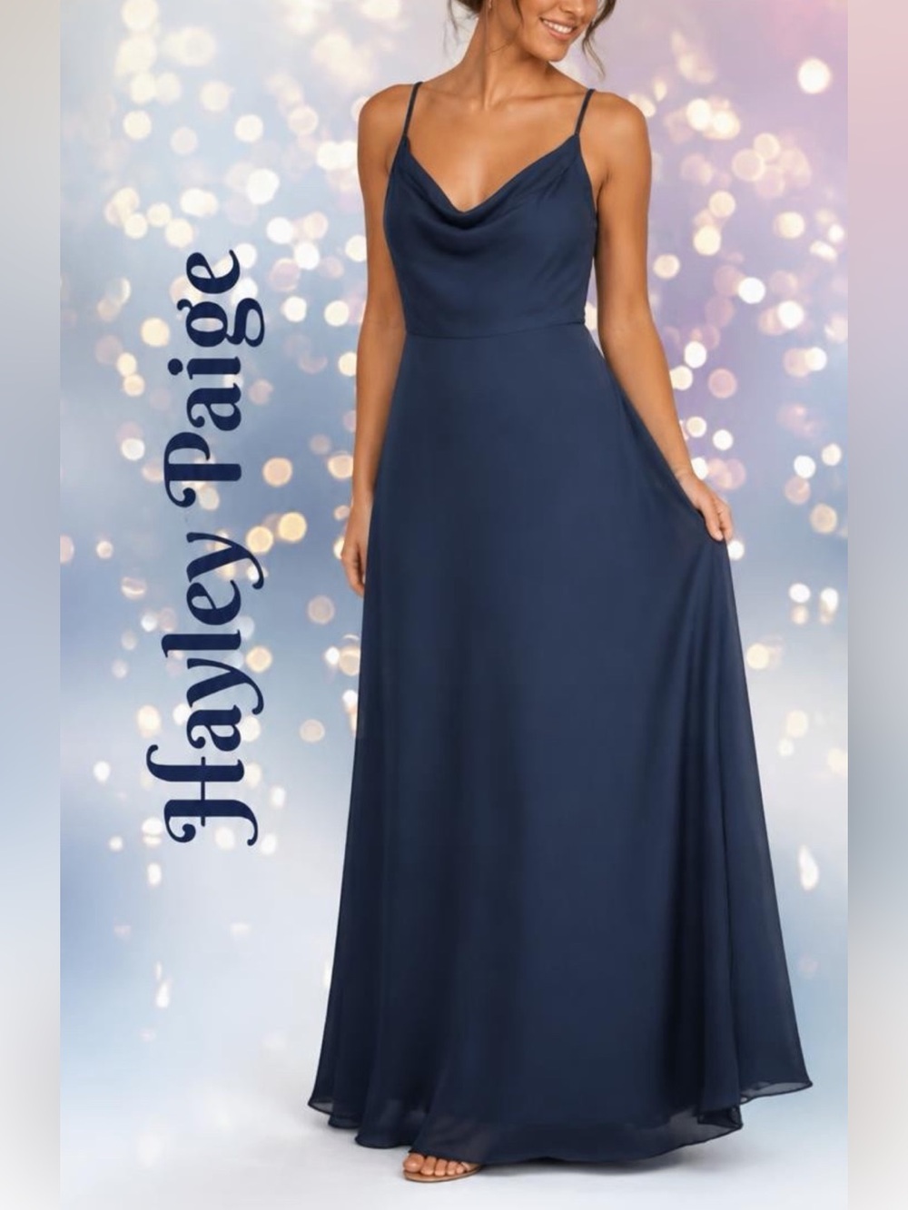 Hayley Paige Maxi Dress Womens Sz 14 Navy Blue Chiffon Lined Tie Spagetti Straps